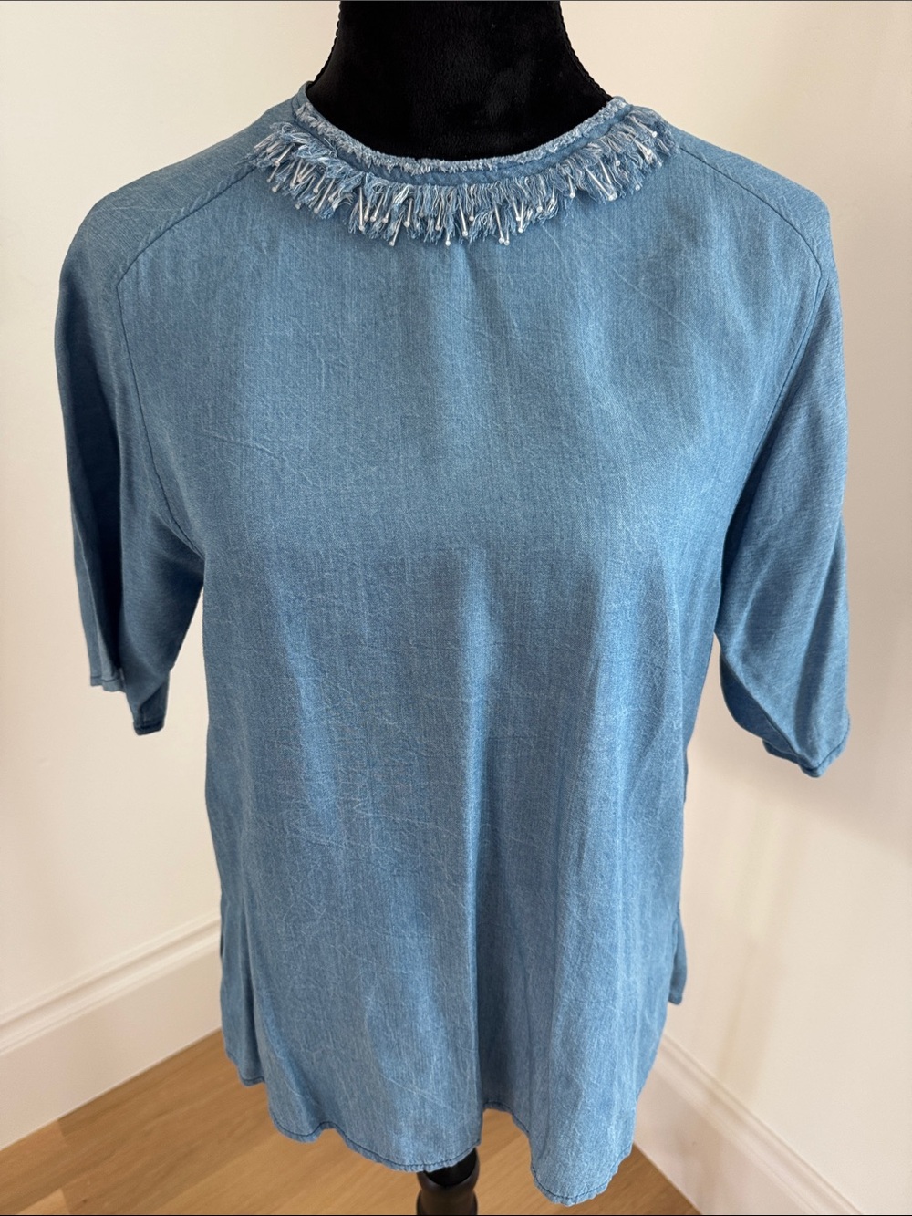 3.1 Phillip Lim Light Blue Short-Sleeve Fringe-Neck Top